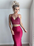 Sexy Red Mermaid Style Two Piece V-Neck Spgahetti Straps Lace Long Prom Dress