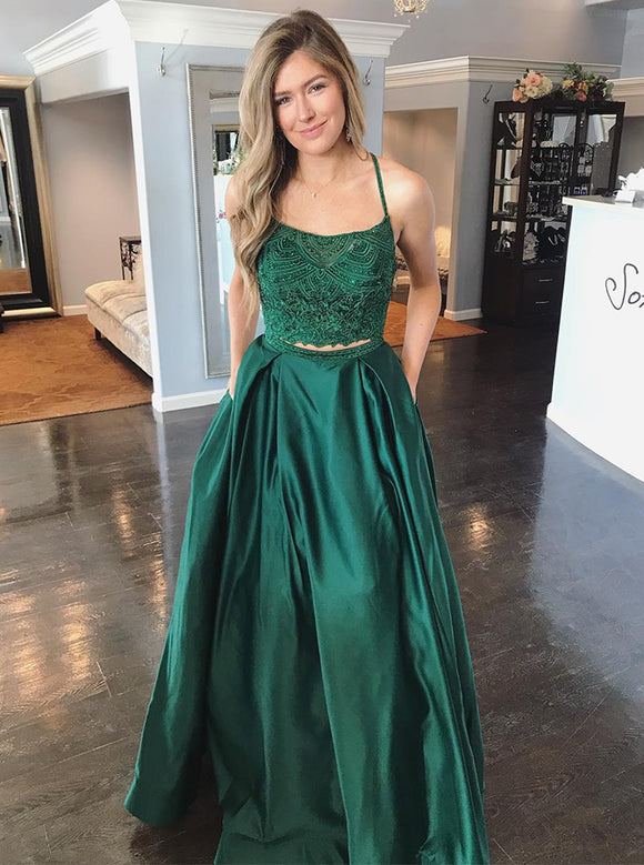Two Piece Dark Green Spaghetti Straps Lace Beading Long Prom Dress