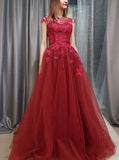 A-Line Crew Sweep Train Burgundy Long Prom Dress with Appliques