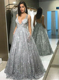 A-Line Deep V-Neck Backless Silver Lace Long Prom Dress with Pockets