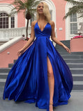 A-Line Halter Backless Sweep Train Satin Royal Blue Long Prom Dress with Split