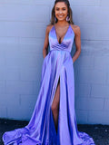 A-Line Halter Backless Sweep Train Satin Royal Blue Long Prom Dress with Split
