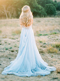 A-Line V-Neck Light Blue Backless Long Chiffon Prom Dress with Split