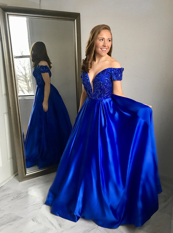A-Line Off-the-Shoulder Royal Blue  Beading Long Prom Dress 