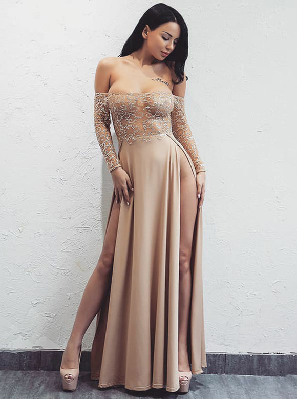 Champagne A-Line Off-the-Shoulder Long Sleeves Prom Dress