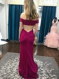 A-Line Off-the-Shoulder Open Back Fuchsia Long Prom Dress