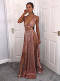 Sexy A-Line Rose Gold Sequin Long Prom Dress with Split