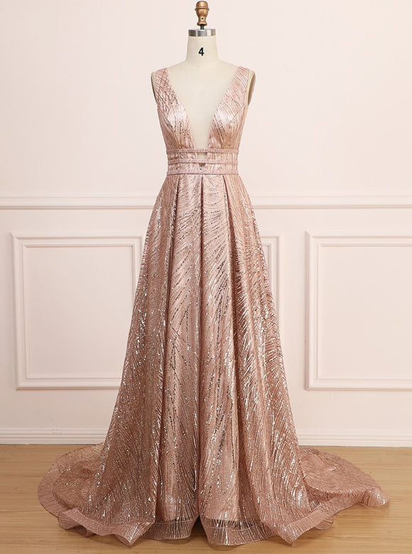 A-Line Sleeveless Backless Rose Pink Sequined Long Prom Dress