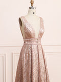 A-Line Sleeveless Backless Rose Pink Sequined Long Prom Dress