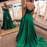 Off The Shoulder Beading Straps Green Satin Long Prom Dress