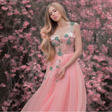 A-Line Starry Pink Sweetheart Pleats Glitter Tulle Prom Gown