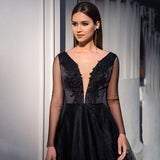 V-Neck Long Sleeves Lace Appliques Satin Evening Dress